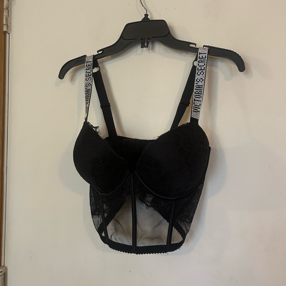Victoria's Secret Black Lace Bustier Bra 34DD rhinestone straps